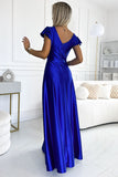 Cornflower Long Satin Maxi Dress with Leg Slit and Neckline