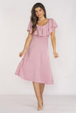 Elegant Midi Dress with Ruffled Neckline and Elastic Waistband