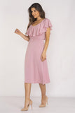 Elegant Midi Dress with Ruffled Neckline and Elastic Waistband