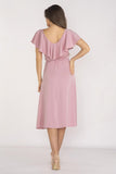 Elegant Midi Dress with Ruffled Neckline and Elastic Waistband