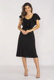 Elegant Midi Dress with Ruffled Neckline and Elastic Waist