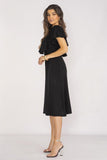 Elegant Midi Dress with Ruffled Neckline and Elastic Waist