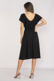 Elegant Midi Dress with Ruffled Neckline and Elastic Waist