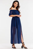 Elegant Long Chiffon Dress with Slits and Elastic Details
