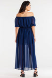 Elegant Long Chiffon Dress with Slits and Elastic Details
