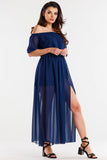 Elegant Long Chiffon Dress with Slits and Elastic Details