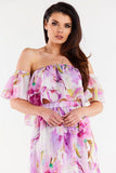 Chiffon Blouse with Ruffled Sleeves and Elastic Neckline