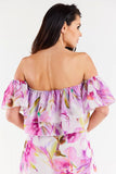 Chiffon Blouse with Ruffled Sleeves and Elastic Neckline
