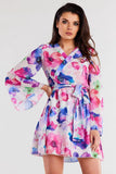 Chiffon Kimono Dress with Adjustable Waist and Pleated Neckline