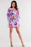 Chiffon Kimono Dress with Adjustable Waist and Pleated Neckline