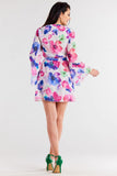 Chiffon Kimono Dress with Adjustable Waist and Pleated Neckline