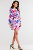 Chiffon Kimono Dress with Adjustable Waist and Pleated Neckline