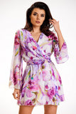 Chiffon Kimono Dress with Elastic Waist and Pleated Neckline