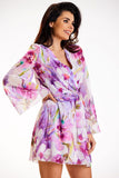 Chiffon Kimono Dress with Elastic Waist and Pleated Neckline
