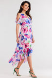 Asymmetrical Chiffon Dress with Ruffle and Belted Waist