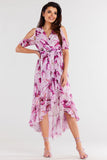 Asymmetrical Chiffon Dress with Ruffle and Belted Waist
