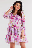 Chiffon Dress with Ruffled Sleeves and Hem Details