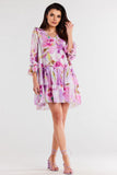 Chiffon Dress with Ruffled Sleeves and Hem Details