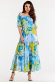 Elegant Long Chiffon Dress with Ruffles and Elastic Waistband