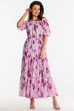 Elegant Long Chiffon Dress with Ruffles and Elastic Waistband