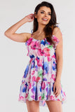 Chiffon Short Dress with Frill Neckline and Elastic Waist