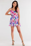Chiffon Short Dress with Frill Neckline and Elastic Waist