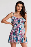 Chiffon Short Dress with Frill Neckline and Elastic Waist