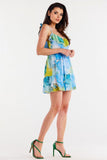 Chiffon Short Dress with Frill Neckline and Elastic Waist