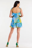 Chiffon Short Dress with Frill Neckline and Elastic Waist