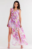 Chiffon Dress with Ruffle and Waist Tie, Slit Details