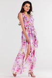 Chiffon Dress with Ruffle and Waist Tie, Slit Details