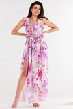 Chiffon Dress with Ruffle and Waist Tie, Slit Details