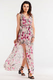 Chiffon Dress with Ruffle and Waist Tie, Two Slits