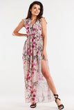 Chiffon Dress with Ruffle and Waist Tie, Two Slits
