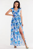 Chiffon Dress with Ruffle, Belted Waist, and Slit Details