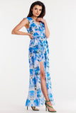 Chiffon Dress with Ruffle, Belted Waist, and Slit Details