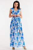 Chiffon Dress with Ruffle, Belted Waist, and Slit Details