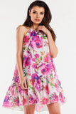 Flared Chiffon Dress with Ruffle Hem and Tied Straps