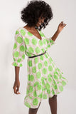 Colorful Flared Dress with Envelope Neckline and Ruffles