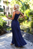 Elegant Navy Blue Glitter Maxi Gown with Slit & Belt