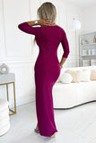 Fuchsia Glitter Maxi Dress with Envelope Neckline & Slit