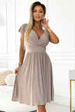 Beige Blushed Dress with Envelope Neckline & Short Sleeves