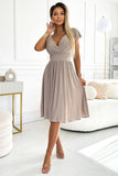 Beige Blushed Dress with Envelope Neckline & Short Sleeves