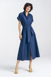 Loose Fit Denim Midi Dress with V-Neck and Tie Belt