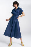 Loose Fit Denim Midi Dress with V-Neck and Tie Belt