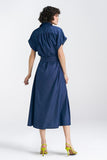 Loose Fit Denim Midi Dress with V-Neck and Tie Belt