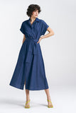 Loose Fit Denim Midi Dress with V-Neck and Tie Belt