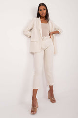 Elegant High-Waist Chino Pants with Pockets and Belt - beige / L