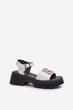 Stylish Women's Leather Sandals with Gold Ornament and Buckle