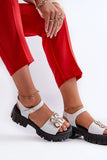 Stylish Women's Leather Sandals with Gold Ornament and Buckle